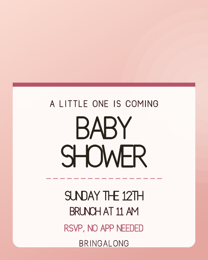 Baby shower invitation design with a patterned band across the top and the event name on a cream card below, in dusty rose and ivory, with soft arches behind the lettering