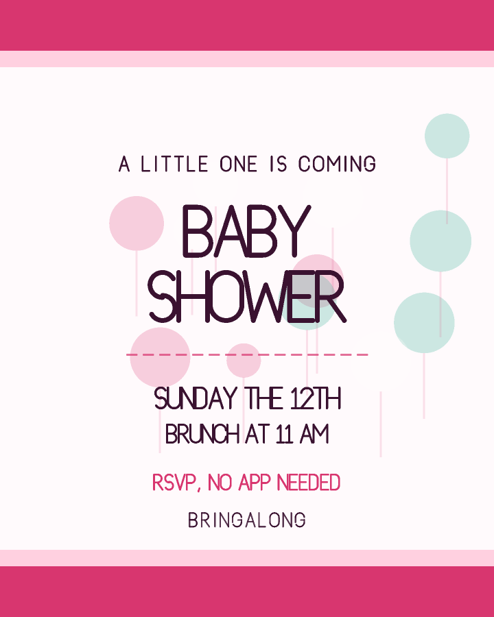Baby shower invitation design with wide stripes above and below a pale card, in pink and mint, with floating balloons behind the lettering