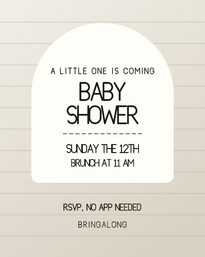 Baby shower invitation design with an arched panel holding the event name over a patterned background, in oatmeal and black, with plain ruled lines behind the lettering