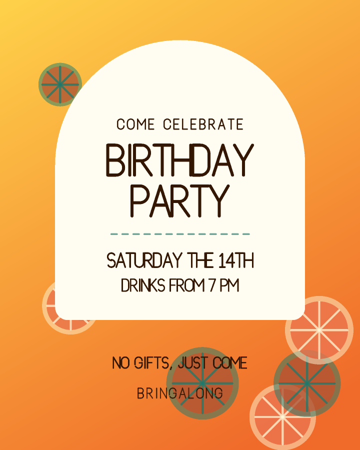 Birthday party invitation design with an arched panel holding the event name over a patterned background, in yellow and tangerine, with citrus slices behind the lettering