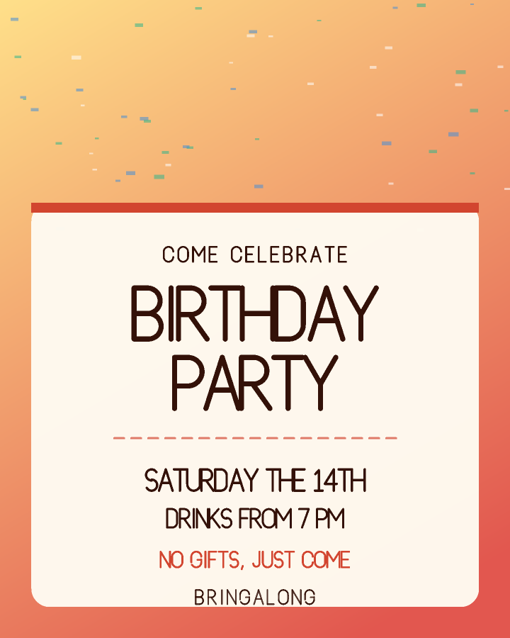 Birthday party invitation design with a patterned band across the top and the event name on a cream card below, in warm red and yellow, with thrown confetti behind the lettering