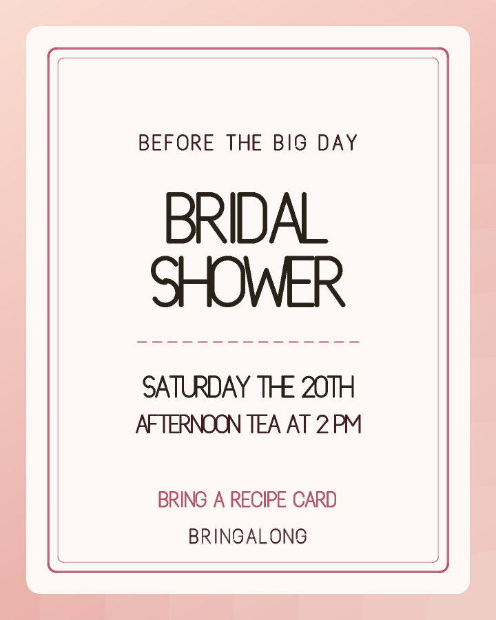 Bridal shower invitation design with a double rule framing centred capitals, in dusty rose and ivory, with soft arches behind the lettering