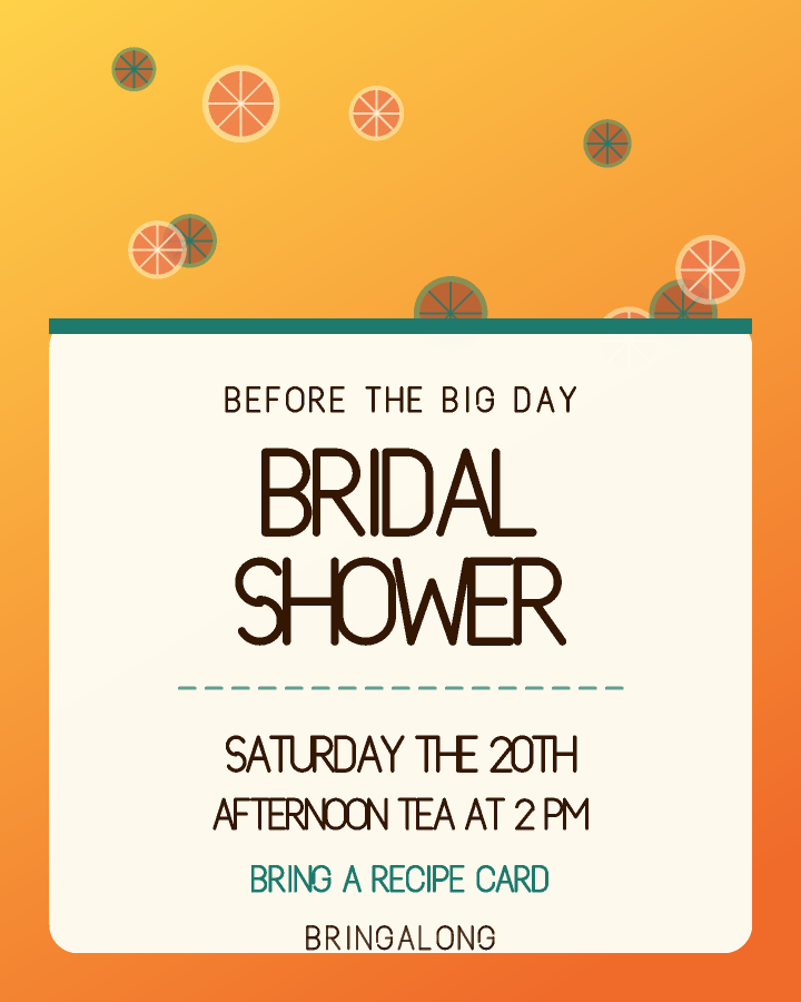 Bridal shower invitation design with a patterned band across the top and the event name on a cream card below, in yellow and tangerine, with citrus slices behind the lettering