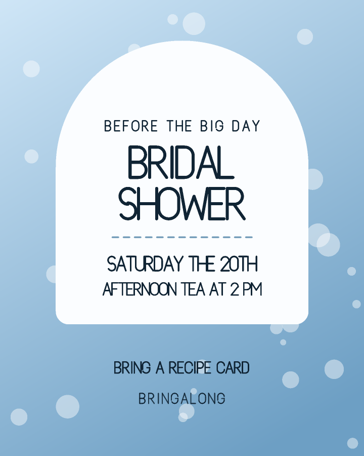 Bridal shower invitation design with an arched panel holding the event name over a patterned background, in pale blue and white, with falling snow behind the lettering