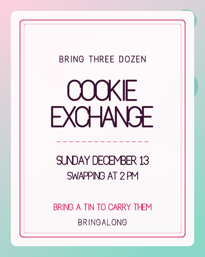 Cookie exchange invitation design with a double rule framing centred capitals, in pink and mint, with floating balloons behind the lettering