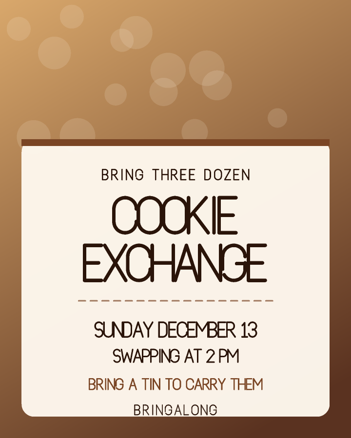 Cookie exchange invitation design with a patterned band across the top and the event name on a cream card below, in chocolate brown and caramel, with soft rising circles behind the lettering