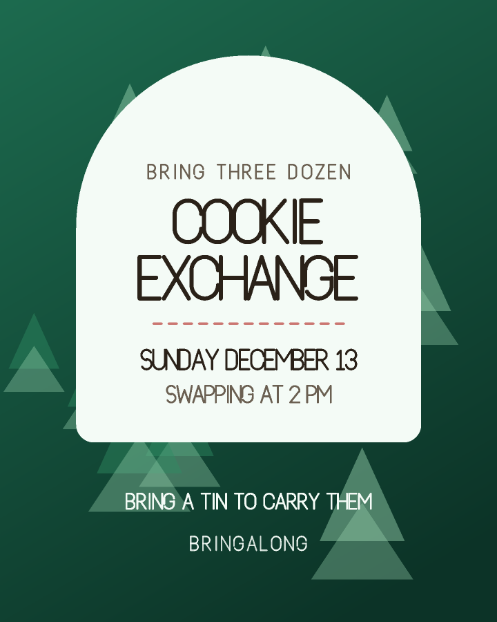 Cookie exchange invitation design with an arched panel holding the event name over a patterned background, in deep pine green and red, with pine shapes behind the lettering