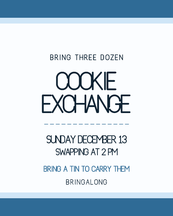 Cookie exchange invitation design with wide stripes above and below a pale card, in pale blue and white, with falling snow behind the lettering