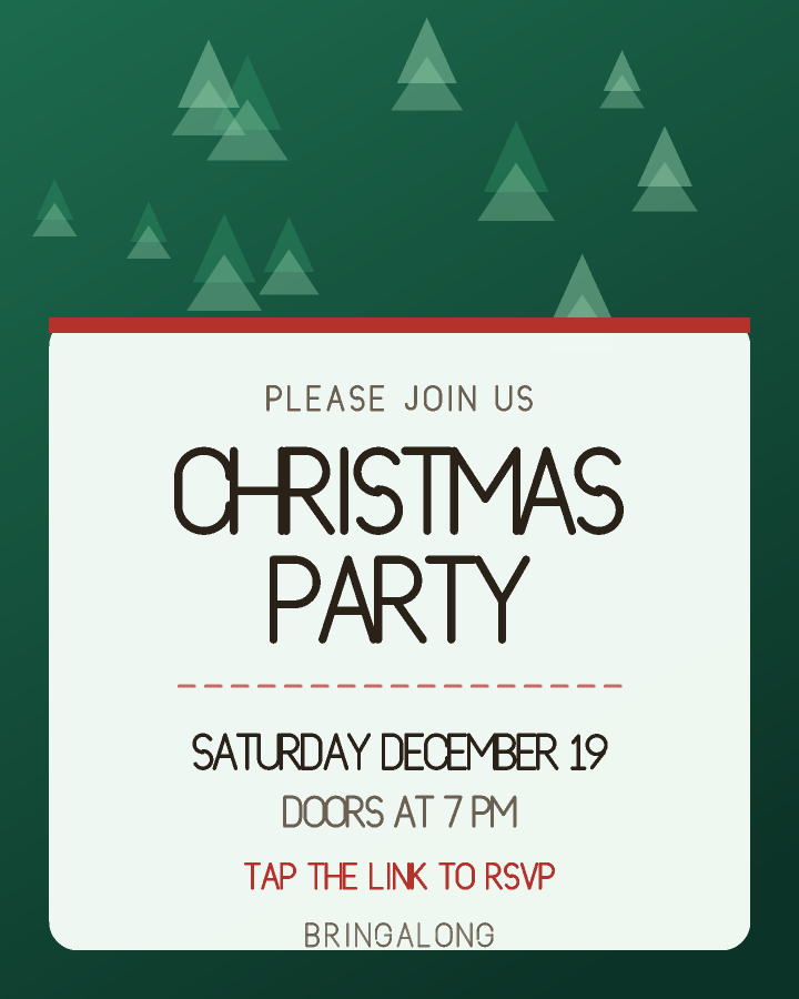 Christmas party invitation design with a patterned band across the top and the event name on a cream card below, in deep pine green and red, with pine shapes behind the lettering