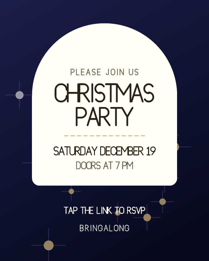 Christmas party invitation design with an arched panel holding the event name over a patterned background, in navy and gold, with firework bursts behind the lettering