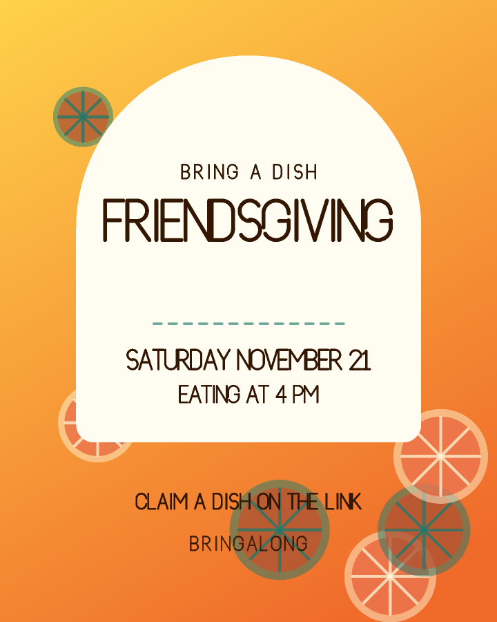 Friendsgiving invitation design with an arched panel holding the event name over a patterned background, in yellow and tangerine, with citrus slices behind the lettering