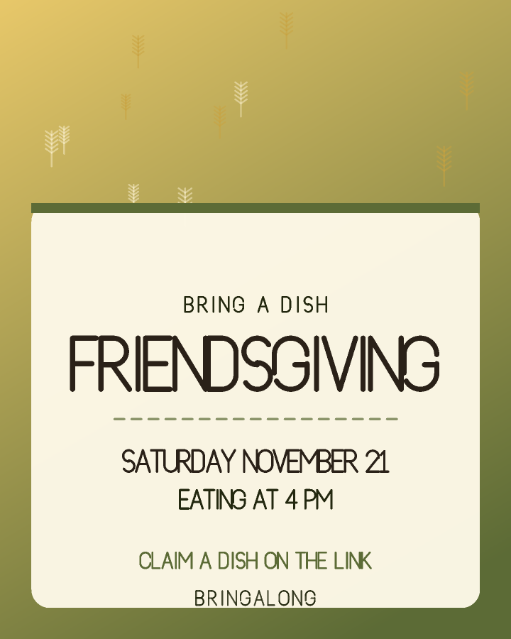 Friendsgiving invitation design with a patterned band across the top and the event name on a cream card below, in olive and wheat gold, with wheat stalks behind the lettering