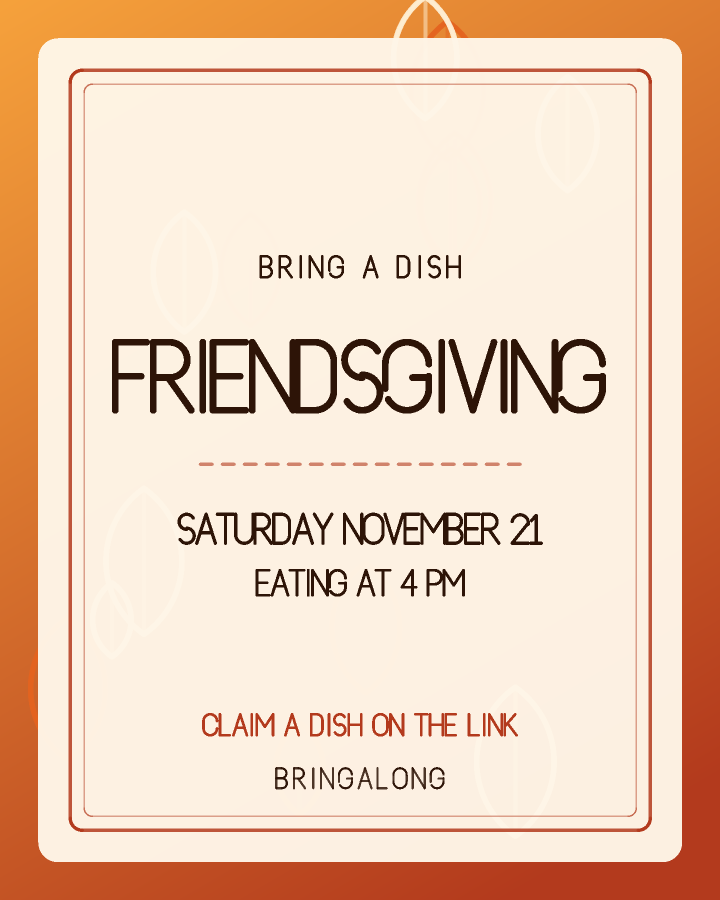 Friendsgiving invitation design with a double rule framing centred capitals, in burnt orange and cream, with scattered leaves behind the lettering