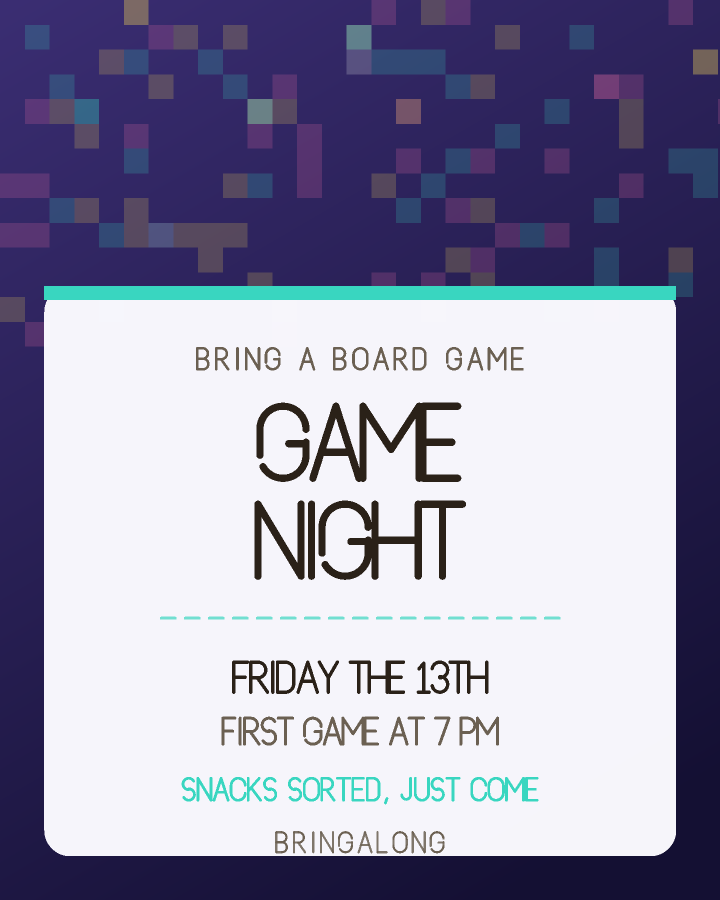 Game night invitation design with a patterned band across the top and the event name on a cream card below, in purple and teal, with pixel blocks behind the lettering