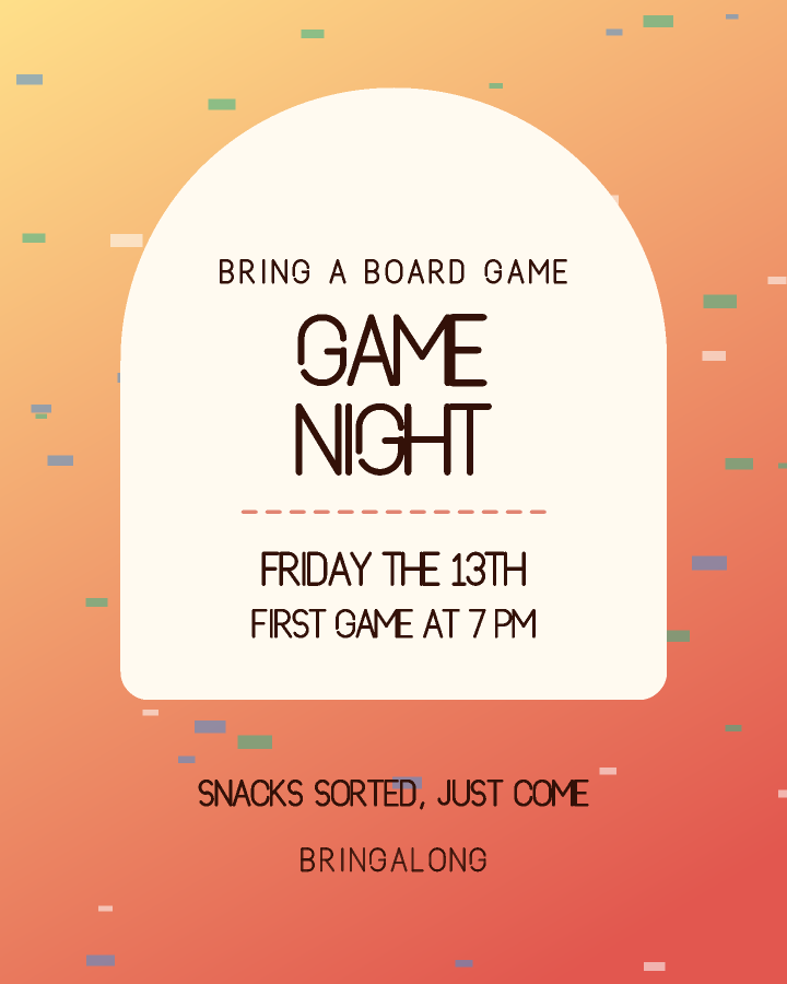 Game night invitation design with an arched panel holding the event name over a patterned background, in warm red and yellow, with thrown confetti behind the lettering