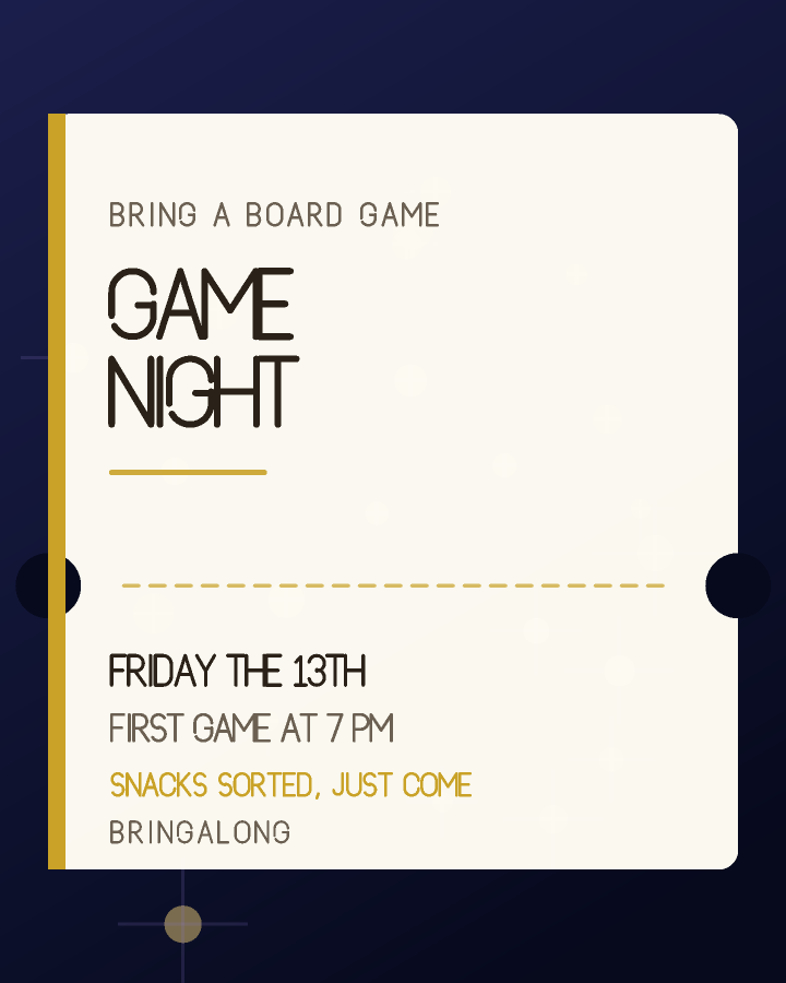 Game night invitation design with a ticket shape with notched edges and a dashed tear line, in navy and gold, with firework bursts behind the lettering
