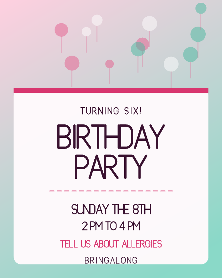 Kid's birthday party invitation design with a patterned band across the top and the event name on a cream card below, in pink and mint, with floating balloons behind the lettering
