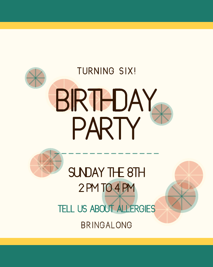 Kid's birthday party invitation design with wide stripes above and below a pale card, in yellow and tangerine, with citrus slices behind the lettering