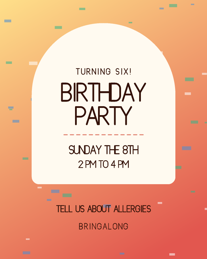 Kid's birthday party invitation design with an arched panel holding the event name over a patterned background, in warm red and yellow, with thrown confetti behind the lettering