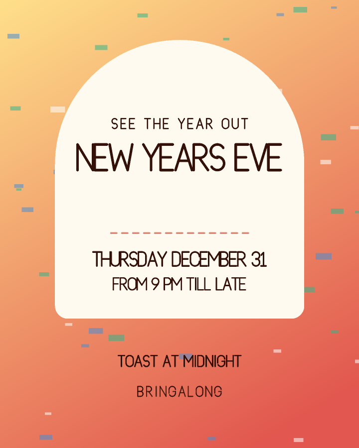 New Year's Eve party invitation design with an arched panel holding the event name over a patterned background, in warm red and yellow, with thrown confetti behind the lettering