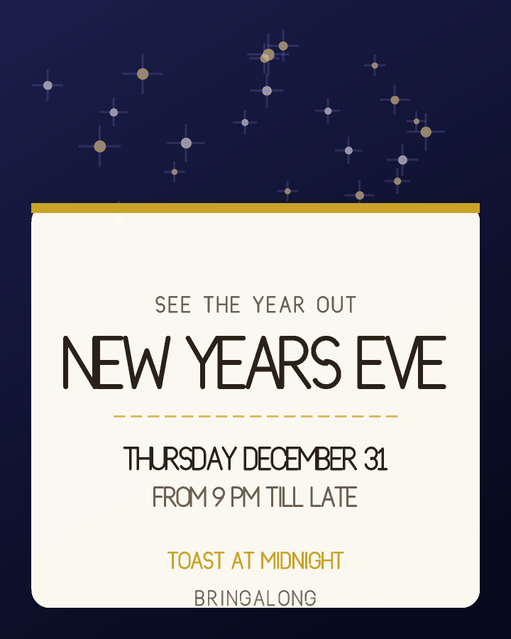 New Year's Eve party invitation design with a patterned band across the top and the event name on a cream card below, in navy and gold, with firework bursts behind the lettering