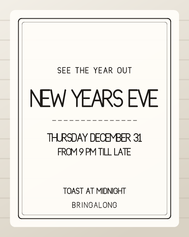 New Year's Eve party invitation design with a double rule framing centred capitals, in oatmeal and black, with plain ruled lines behind the lettering