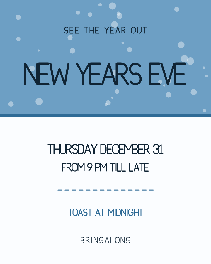 New Year's Eve party invitation design with a solid colour block across the top half carrying the event name, in pale blue and white, with falling snow behind the lettering