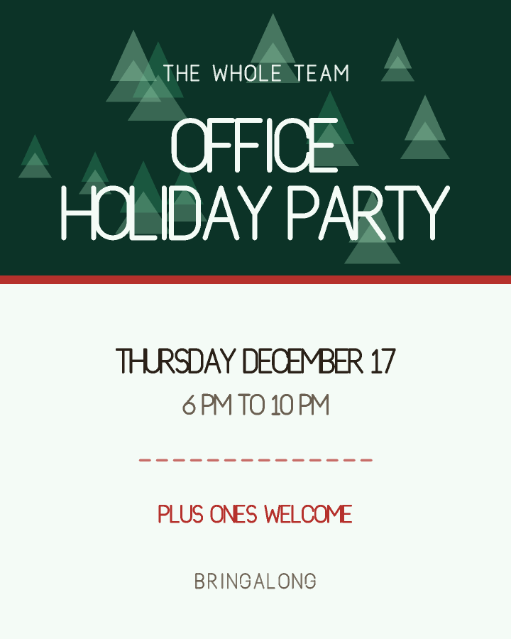 Office holiday party invitation design with a solid colour block across the top half carrying the event name, in deep pine green and red, with pine shapes behind the lettering