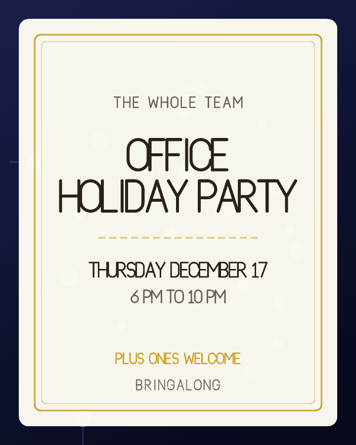 Office holiday party invitation design with a double rule framing centred capitals, in navy and gold, with firework bursts behind the lettering