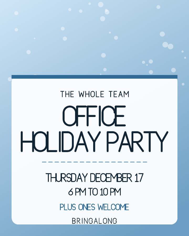 Office holiday party invitation design with a patterned band across the top and the event name on a cream card below, in pale blue and white, with falling snow behind the lettering