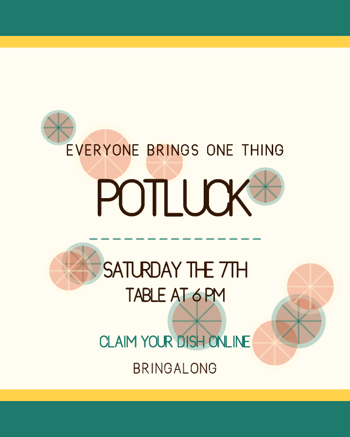 Potluck invitation design with wide stripes above and below a pale card, in yellow and tangerine, with citrus slices behind the lettering