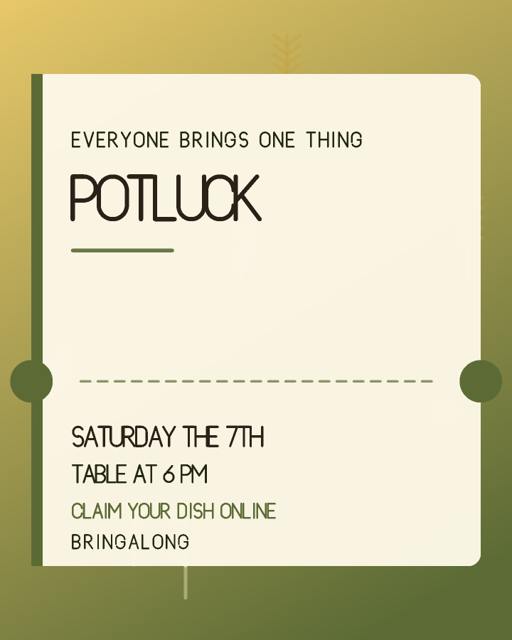 Potluck invitation design with a ticket shape with notched edges and a dashed tear line, in olive and wheat gold, with wheat stalks behind the lettering