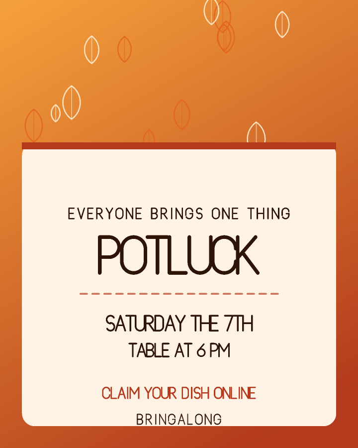 Potluck invitation design with a patterned band across the top and the event name on a cream card below, in burnt orange and cream, with scattered leaves behind the lettering