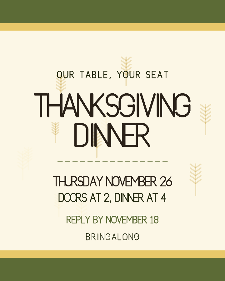 Thanksgiving dinner invitation design with wide stripes above and below a pale card, in olive and wheat gold, with wheat stalks behind the lettering