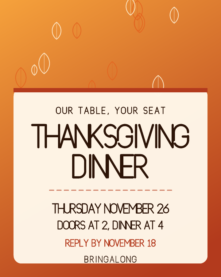 Thanksgiving dinner invitation design with a patterned band across the top and the event name on a cream card below, in burnt orange and cream, with scattered leaves behind the lettering