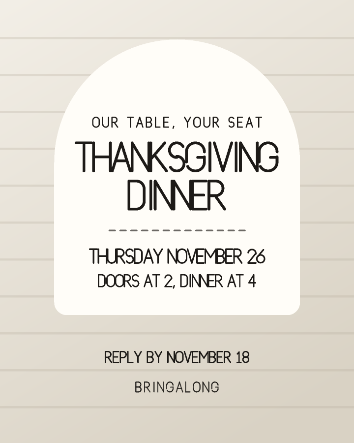 Thanksgiving dinner invitation design with an arched panel holding the event name over a patterned background, in oatmeal and black, with plain ruled lines behind the lettering