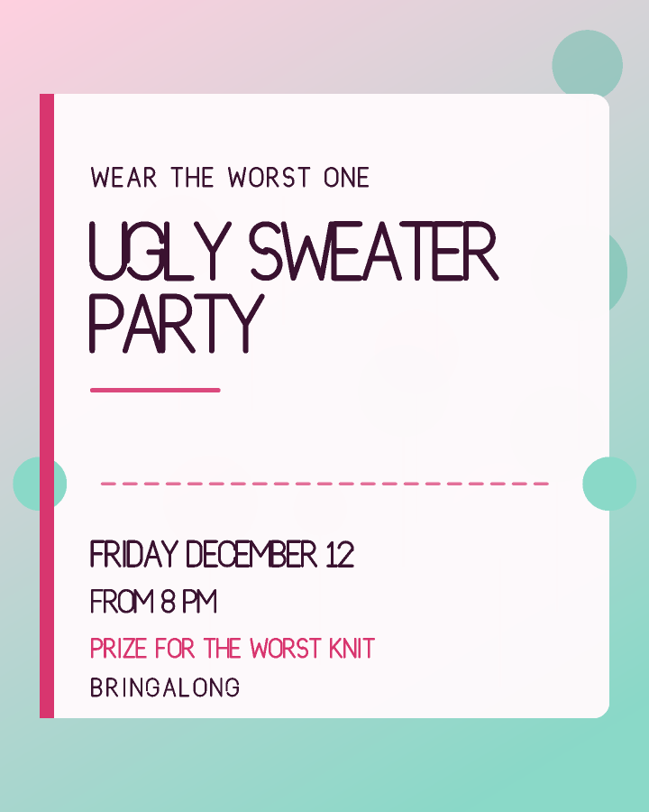 Ugly sweater party invitation design with a ticket shape with notched edges and a dashed tear line, in pink and mint, with floating balloons behind the lettering