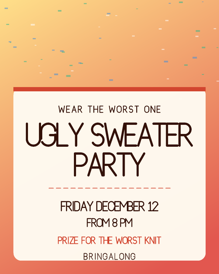 Ugly sweater party invitation design with a patterned band across the top and the event name on a cream card below, in warm red and yellow, with thrown confetti behind the lettering