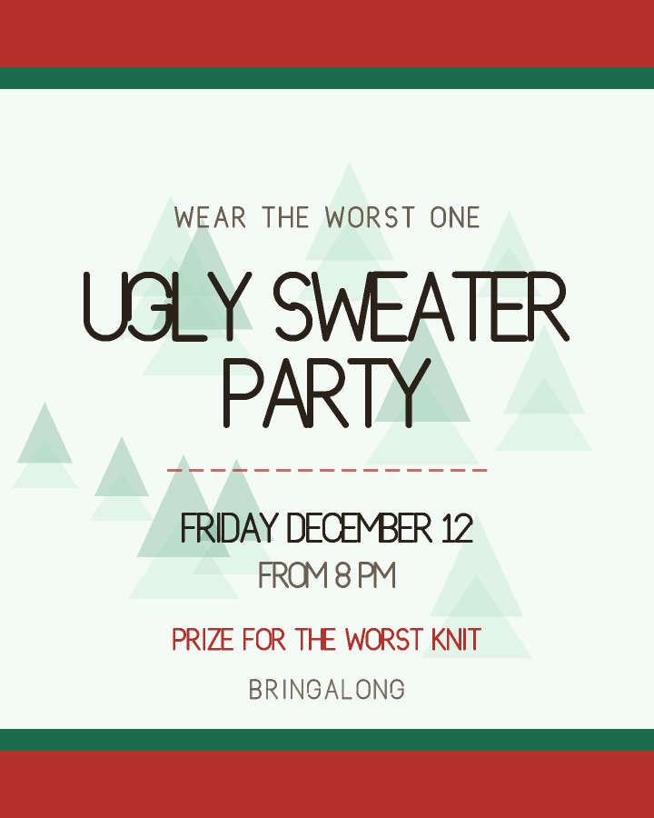 Ugly sweater party invitation design with wide stripes above and below a pale card, in deep pine green and red, with pine shapes behind the lettering